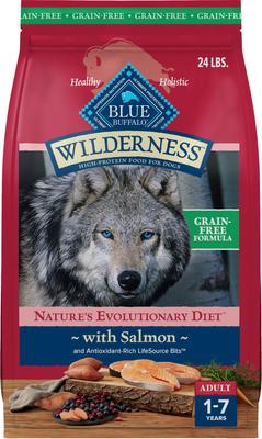 Bundle: Blue Buffalo Wilderness Variety Pack: Salmon Recipe Adult High-Protein Grain-Free Dry Food, 24-lb bag + Salmon & Chicken High-Protein Grain-Free Adult Canned Food, 12.5-oz, case of 12 + Trail Treats Grain-Free Salmon Biscuits Dog Treats, 24-oz bag