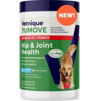 YuMOVE Advanced Vet Strength - Masticables blandos con sabor a mariscos sabrosos, suplemento para el apoyo de caderas y articulaciones para perros, 90 unidades