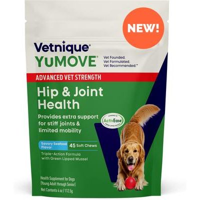 YuMOVE Advanced Vet Strength - Masticables blandos con sabor a mariscos sabrosos, suplemento para el apoyo de caderas y articulaciones para perros, 90 unidades