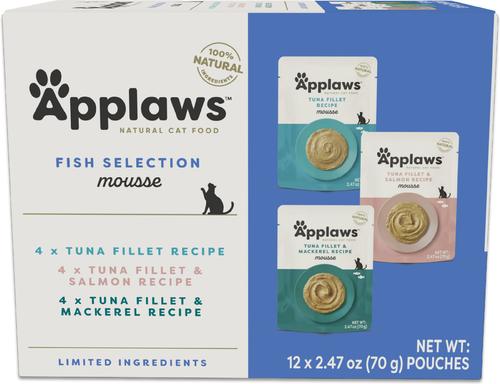 Bundle: Applaws Fish Selection Mousse Variety Pack Limited Ingredient Wet Food, 2.47-oz pouch, case of 12 + Tuna Puree Lickable Cat Treats, 0.5-oz tube, 6 count