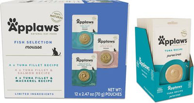 Bundle: Applaws Fish Selection Mousse Variety Pack Limited Ingredient Wet Food, 2.47-oz pouch, case of 12 + Tuna Puree Lickable Cat Treats, 0.5-oz tube, 6 count