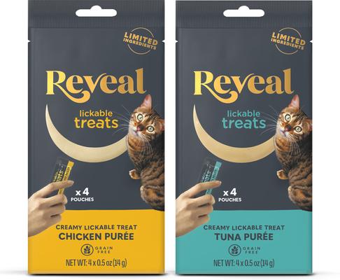 Bundle: Reveal Tuna Puree Grain-Free Lickable Treats, 0.5-oz sachet, 4 count + Reveal Chicken Puree Grain-Free Lickable Cat Treats, 0.5-oz sachet, 4 count