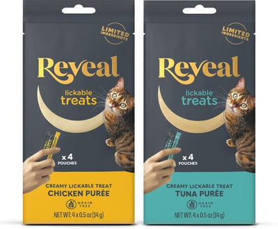Bundle: Reveal Tuna Puree Grain-Free Lickable Treats, 0.5-oz sachet, 4 count + Reveal Chicken Puree Grain-Free Lickable Cat Treats, 0.5-oz sachet, 4 count