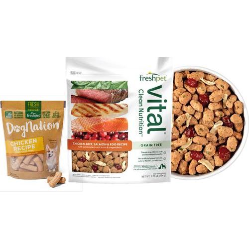 Paquete: Golosinas frescas Freshpet Dognation con receta de pollo + Alimento fresco Vital con receta de pollo, ternera, salmón y huevo