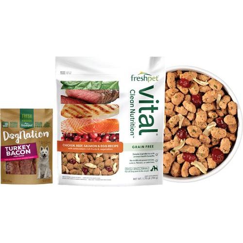 Paquete: Alimento fresco Freshpet Vital con pollo, ternera, salmón y huevo + premios frescos para perros Dognation con tocino de pavo