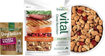Paquete: Alimento fresco Freshpet Vital con pollo, ternera, salmón y huevo + premios frescos para perros Dognation con tocino de pavo