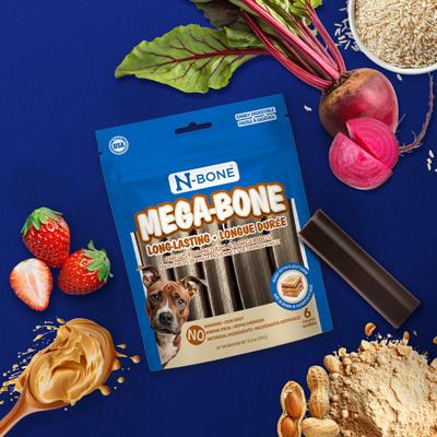 Mega-Bone Long-Lasting Chicken Free Peanut Butter & Jelly Flavor Adult Dental Dog Chew, 16.8-oz bag, 6 count