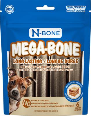 Mega-Bone Long-Lasting Chicken Free Peanut Butter & Jelly Flavor Adult Dental Dog Chew, 16.8-oz bag, 6 count