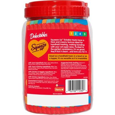 Delectables Squeeze Up - Paquete variado de 4 sabores, premios para lamer sin cereales para gatos, tubo de 0.5 oz, 48 unidades