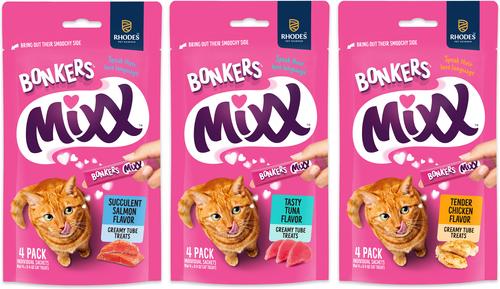 Bundle: Bonkers Mixx Tender Chicken Flavor Grain-Free Lickable Treats, 0.4-oz pouch, 4 count + Salmon Grain-Free Lickable Treats, 0.4-oz pouch, 4 count + Tuna Grain-Free Lickable Cat Treats, 1.94-oz bag, 4 count