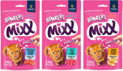 Bundle: Bonkers Mixx Tender Chicken Flavor Grain-Free Lickable Treats, 0.4-oz pouch, 4 count + Salmon Grain-Free Lickable Treats, 0.4-oz pouch, 4 count + Tuna Grain-Free Lickable Cat Treats, 1.94-oz bag, 4 count