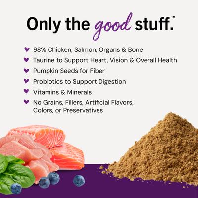 Marie’s Magical Dinner Dust - Alimento crudo liofilizado para gatos con salmón salvaje y pollo de corral (7 oz)