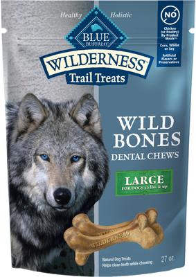 Premios dentales grandes para perros Wilderness Wild Bones sin cereales, bolsa de 27 oz, la cantidad varía
