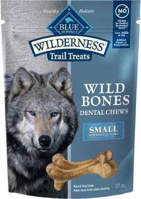 Premios dentales pequeños para perros Wilderness Wild Bones sin cereales, bolsa de 27 oz, la cantidad varía