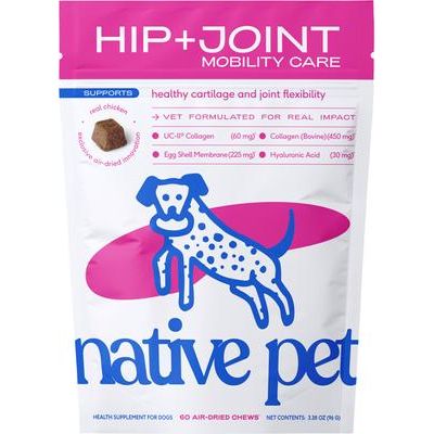 Native Pet, Hip+Joint Mobility Care Chews, UC-II + Colágeno + Membrana de Cáscara de Huevo + Ácido Hialurónico, sabor Pollo, Perros, 60 / 120 masticables