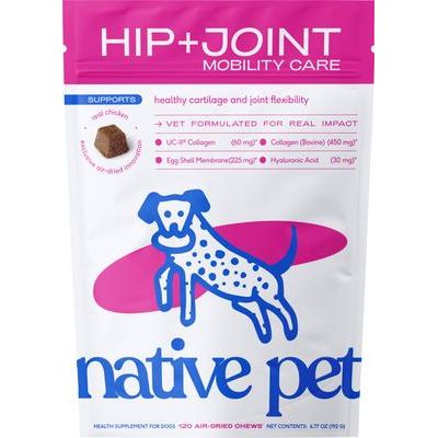 Native Pet, Hip+Joint Mobility Care Chews, UC-II + Colágeno + Membrana de Cáscara de Huevo + Ácido Hialurónico, sabor Pollo, Perros, 60 / 120 masticables