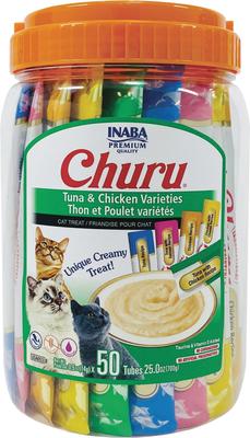 Bundle: Variety Pack - Inaba Churu Tuna & Chicken Varieties Puree Grain-Free Lickable Cat Treat, 0.5oz tube, pack of 50, Chicken Variety & Tuna Variety Flavors