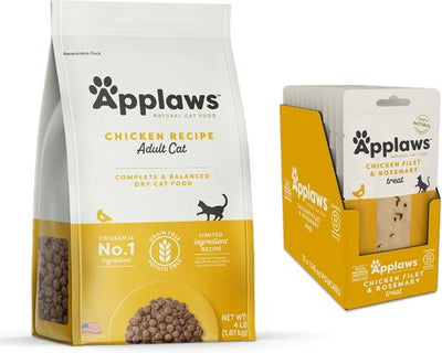 Paquete: Alimento seco para gatos Applaws Adult Complete Chicken Recipe con verduras campestres sin cereales + Lomo de pollo con romero (premios sin cereales)