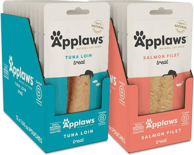 Paquete: Lomo de atún + filete de salmón Applaws, premios sin cereales para gatos, caja de 24