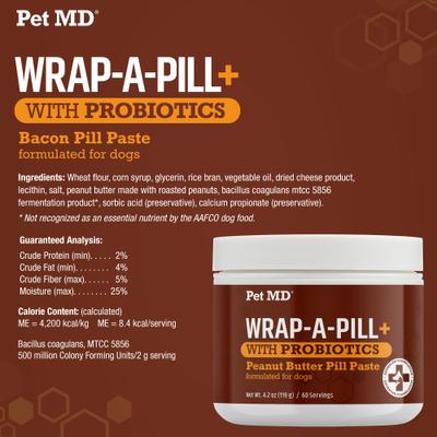 Wrap-A-Pill with Probiotics Peanut Butter Flavored Pill Paste Nutritional Supplement for Dogs & Cats, 4.2-oz tub
