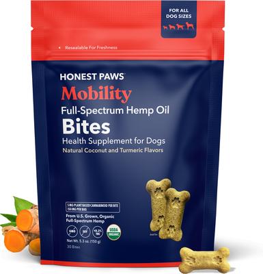 Full-Spectrum Hemp Oil Bites Mobility Blend Tumeric Flavored Joint Chew Supplement for Dogs, 30 count