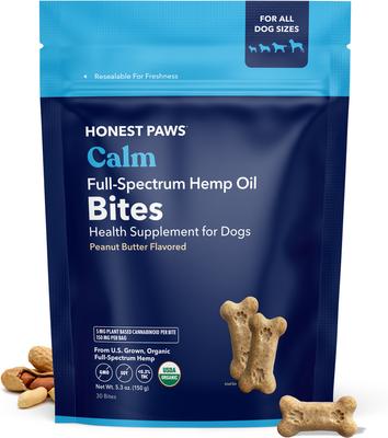 Bocados de aceite de cáñamo de espectro completo, suplemento masticable calmante con sabor a mantequilla de cacahuete para perros, 30 unidades