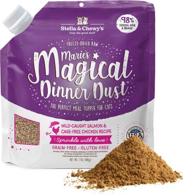 Marie’s Magical Dinner Dust - Alimento crudo liofilizado para gatos con salmón salvaje y pollo de corral (7 oz)