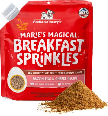 Marie's Magical Breakfast Sprinkles - Alimento para perros sin cereales con receta de tocino crudo liofilizado, huevo y queso (7 oz)