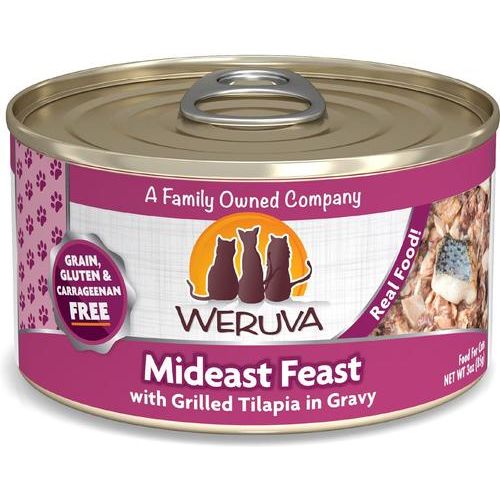 Comida húmeda para gatos Mideast Feast Grilled Tilapia in Gravy sin cereales, 3 oz, caja de 4