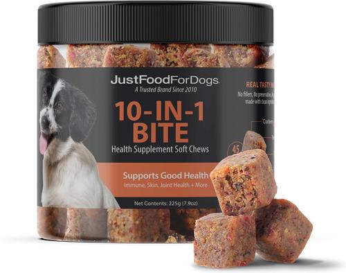 10-in-1 Multifunctional, Superfood Blend, Glucosamine, Omega-3 Fatty Acids, Skin Health, Joint Health, Probiotics, Plant-Based, Human Grade Chew Supplement for Dogs, 45 count