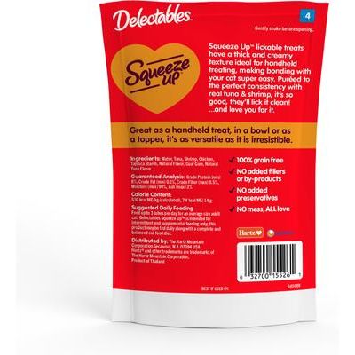 Delectables Squeeze Up - Premio para lamer de atún y camarones para gatos, tubo de 0.5 oz, 32 unidades