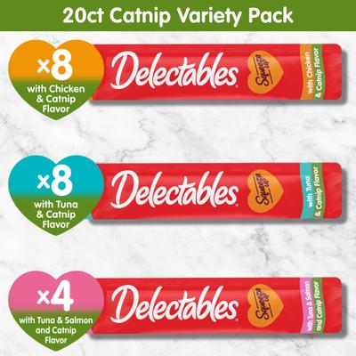 Delectables Squeeze Up - Paquete variado de premios para lamer sin cereales para gatos, tubo de 0.5 oz, caja de 20