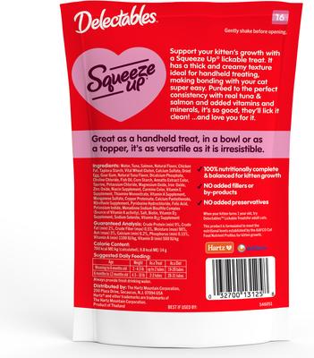Delectables Squeeze Up Complete & Balanced Tuna & Salmon Lickable Kitten Treats, 0.5-oz tube, case of 32