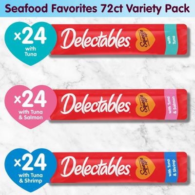 Delectables Squeeze Up - Paquete variado de premios para lamer sin cereales para gatos, tubo de 0.5 oz, 72 unidades