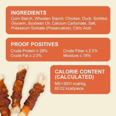 Golosinas masticables para perros de 4 pulgadas con huesos de calcio envueltos en pollo y pato con doble sabor, 30 unidades