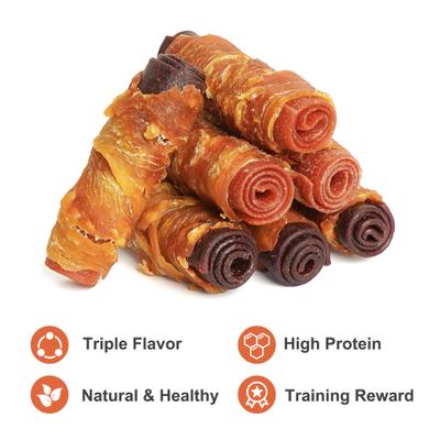 Triple Flavor Chicken Wrapped Duck & Beef Rolls 3-inch Rawhide-Free Dog Treats, 10 count