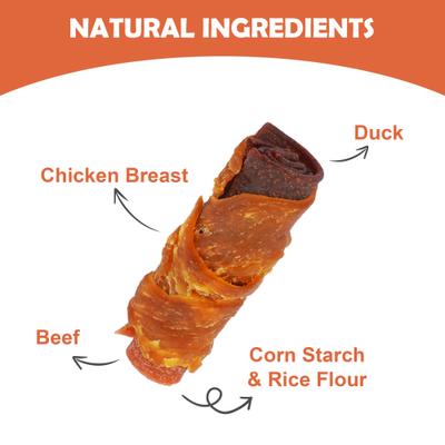 Triple Flavor Chicken Wrapped Duck & Beef Rolls 3-inch Rawhide-Free Dog Treats, 10 count