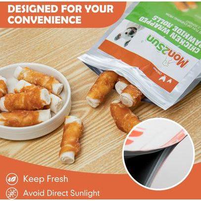 Rollitos de cuero crudo envueltos en pollo, golosinas para perros de 2,5 pulgadas, 32 unidades