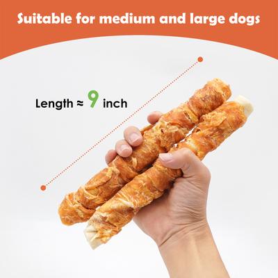 Rollitos de cuero crudo envueltos en pollo, golosinas masticables para perros de 9 pulgadas, 10 unidades