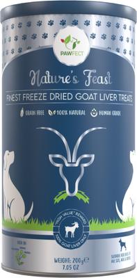 Premio de entrenamiento para perros liofilizado totalmente natural sin cereales de hígado de cabra Nature's Feast, bote de 7.05 oz
