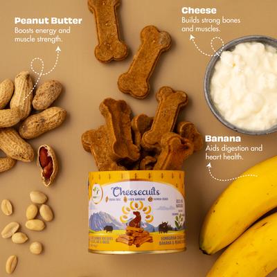 All natural Grain-Free Cheese Biscuits with Banana, Peanut butter & Eggs Crunchy Dog Training Treats, 3.53-oz tin