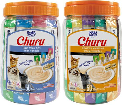 Bundle: Variety Pack - Inaba Churu Tuna & Chicken Varieties Puree Grain-Free Lickable Cat Treat, 0.5oz tube, pack of 50, Chicken Variety & Tuna Variety Flavors