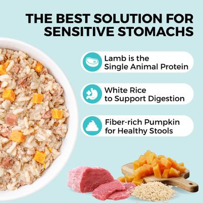 Alimento húmedo para perros con cordero y arroz blanco, con ingredientes limitados, para estómagos sensibles, bolsa de 12.5 oz, caja de 6