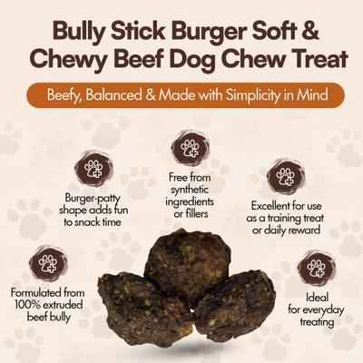Bully Stick Burger Soft & Chewy Beef Dog Chew Treat, 6 count
