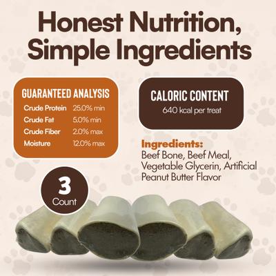 Hueso de espinilla de 3-4 pulgadas relleno de mantequilla de maní, golosina masticable para perros, 3 unidades