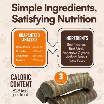 Tubo traqueal doble relleno de 6 pulgadas con golosina masticable de mantequilla de maní para perros, 3 unidades