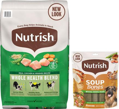 Paquete: Alimento seco Rachael Ray Nutrish con pollo y verduras + premios para perros Soup Bones con sabor a pollo y verduras