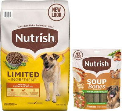 Paquete: Alimento seco Rachael Ray Nutrish con ingredientes limitados, harina de cordero y arroz integral + premios para perros con sabor a pollo y verduras y huesos para sopa