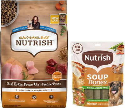 Bundle: Rachael Ray Nutrish Real Turkey, Brown Rice & Venison Recipe Dry Food + Soup Bones Chicken & Veggies Flavor Dog Treats