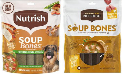 Paquete: Huesos para sopa con sabor a pavo y arroz Nutrish de Rachael Ray + Golosinas para perros con sabor a pollo y verduras.